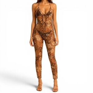 MISA Los Angeles Jumpsuit XS Sheer Golden Batik Mesh Swimsuit Cover Up Stretchy
